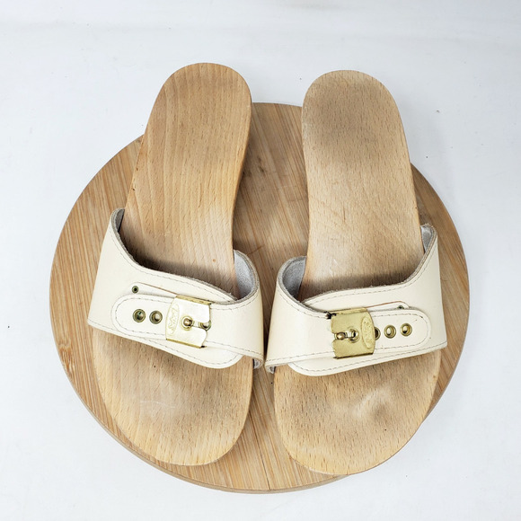 Dr Scholls Wooden Slide Sandals Womens 7 Original Clog Off White Austria Vintage - Picture 4 of 12